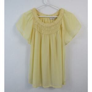 Loft Women's Large Smocked Bib Flutter Short Sleeve Blouse Top Butter Yellow